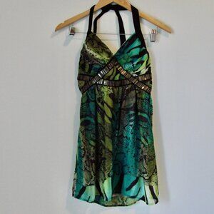 Y2K Babydoll Mini Halter Dress Top 2B Bebe Fairy Animal Print Green Black XS